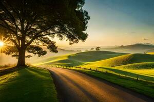 a road leading to a tree in the middle of a green field. AI-Generated photo