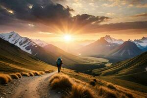 un persona caminando en un camino en el montañas. generado por ai foto