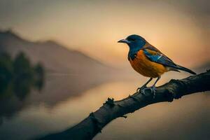 a blue and orange bird sits on a branch near a lake. AI-Generated photo