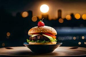 a hamburger with a strawberry on top sits on a table in front of a city skyline. AI-Generated photo