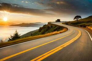 a winding road with the sun setting over the clouds. AI-Generated photo