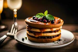 a stack of pancakes with berries and syrup. AI-Generated photo