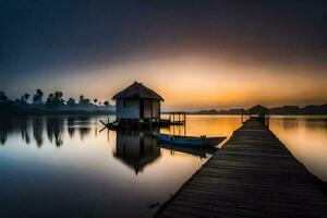 a dock with a house on the water at sunset. AI-Generated photo