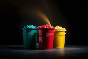 three buckets of popcorn on a black background. AI-Generated photo