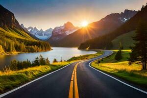 un la carretera líder a un lago y montañas a puesta de sol. generado por ai foto