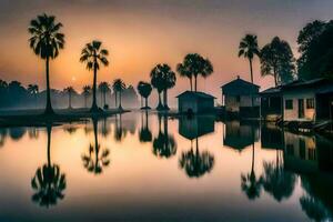 a river with palm trees and houses at sunset. AI-Generated photo