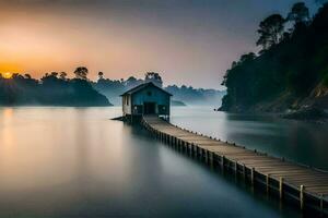 un largo muelle con un casa en eso a amanecer. generado por ai foto