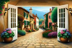 an open door leads to a street with flowers and houses. AI-Generated photo