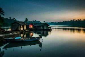 a boat sits on the shore of a lake at sunset. AI-Generated photo