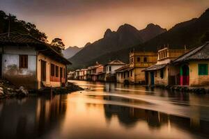 un río carreras mediante un pueblo a puesta de sol. generado por ai foto