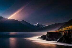 a long exposure photograph of a mountain range and water. AI-Generated photo