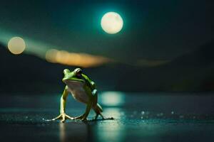 a frog standing on the ground at night. AI-Generated photo