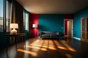 a room with blue walls and wooden floors. AI-Generated photo