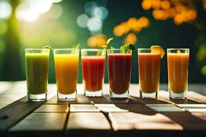 five glasses of juice on a table. AI-Generated photo