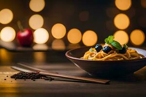 a bowl of pasta with blueberries and a wooden table. AI-Generated photo