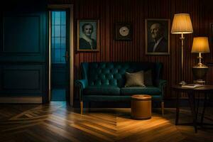 a dark room with a blue couch and a lamp. AI-Generated photo