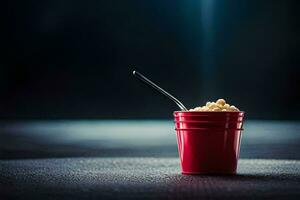a red cup with a spoon sitting on top of a table. AI-Generated photo