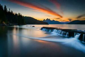 un hermosa puesta de sol terminado un lago con cascadas generado por ai foto