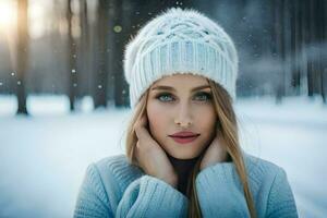 un hermosa mujer en un invierno sombrero. generado por ai foto