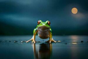 a frog on the water with a full moon in the background. AI-Generated photo
