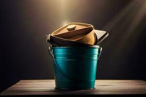 a bucket with a lid on top of a wooden table. AI-Generated photo