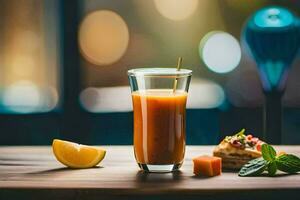 un vaso de jugo con un rebanada de limón y un rebanada de un pan. generado por ai foto