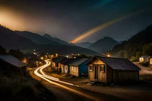 a rainbow shines over a village at night. AI-Generated photo