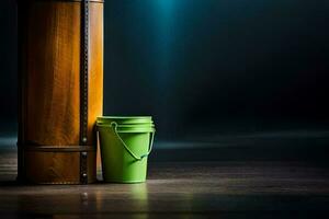 a green bucket and a wooden pole in a dark room. AI-Generated photo