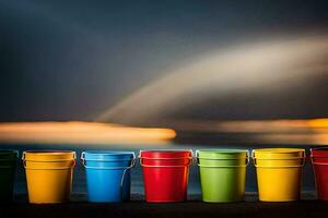 colorful buckets lined up on a dock with a rainbow in the background. AI-Generated photo