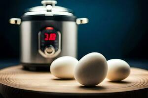 three eggs sit on a cutting board next to an instant pot. AI-Generated photo