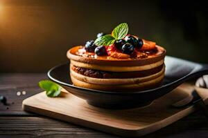 a stack of pancakes with berries and mint leaves. AI-Generated photo