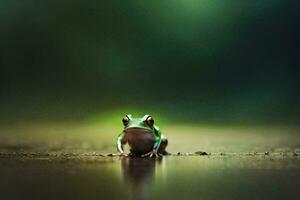 un rana sentado en el suelo en frente de un verde antecedentes. generado por ai foto