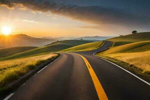 a road with a sunset in the distance. AI-Generated photo