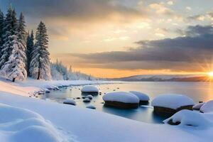 nieve cubierto rocas y arboles por el agua. generado por ai foto