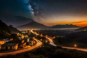 el lechoso camino terminado un pueblo a noche. generado por ai foto