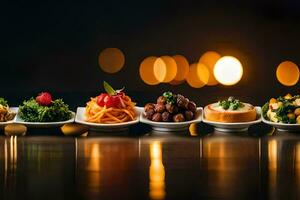 a row of small plates with different foods. AI-Generated photo