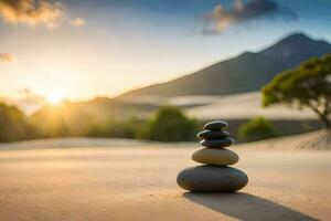 stacked stones in the sand at sunset. AI-Generated photo