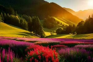 the sun shines over a field of purple flowers. AI-Generated photo