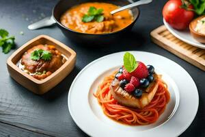 un plato de pasta, vegetales y un cuenco de sopa. generado por ai foto