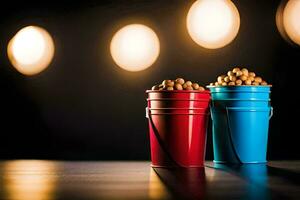 two buckets of popcorn on a table. AI-Generated photo