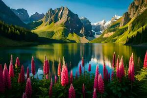 el lago es rodeado por rosado flores y montañas. generado por ai foto