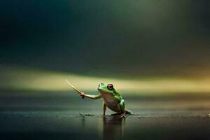 a frog with a stick in its mouth. AI-Generated photo