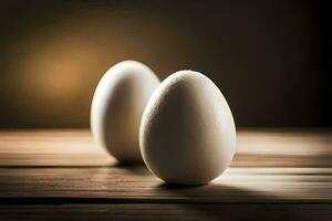 two eggs on a wooden table. AI-Generated photo