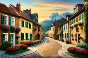 un calle en el montañas con flores y casas generado por ai foto