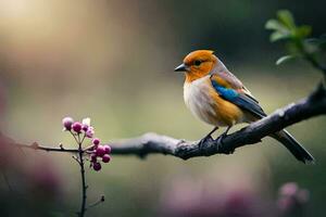 a small bird sits on a branch with flowers. AI-Generated photo