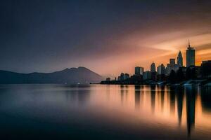 un ciudad horizonte es reflejado en el agua a puesta de sol. generado por ai foto