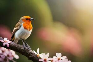 a small bird is perched on a branch with flowers. AI-Generated photo