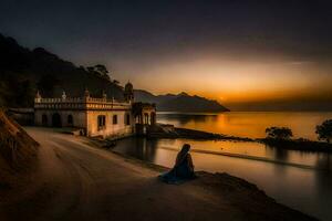 un mujer sentado en el lado de un lago a puesta de sol. generado por ai foto