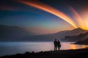 a couple standing on the shore of a lake at sunset. AI-Generated photo