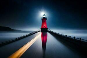 un faro es iluminado arriba a noche con un largo exposición. generado por ai foto